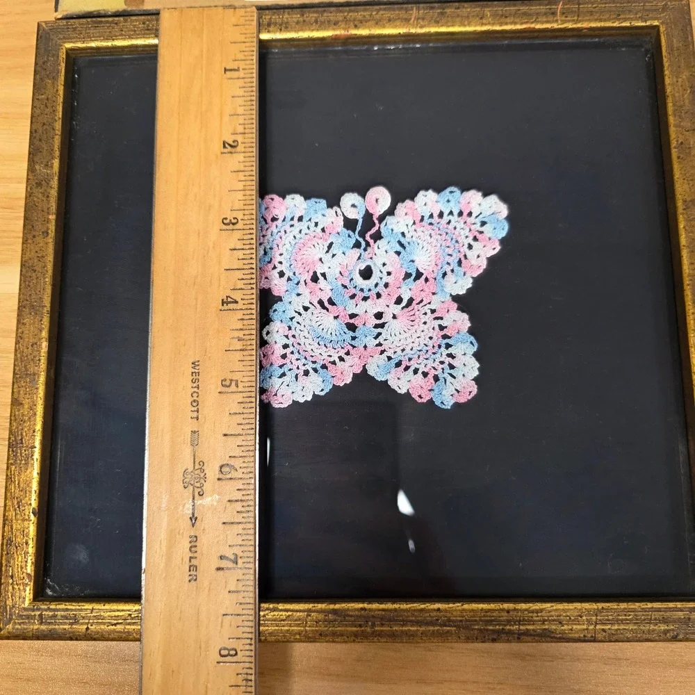 Vintage Handmade Framed Crocheted Butterfly Art‎ Blue Pink White Qty 2 1976
